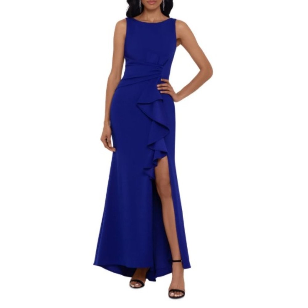 Betsy & Adam Ruffle High Slit Gown 4